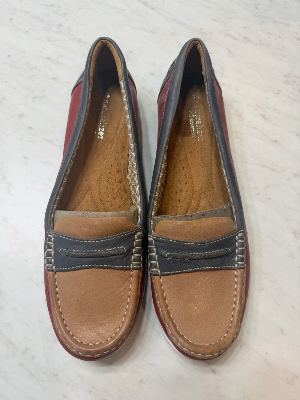 Naturalizer Hamilton Leather Penny Loafer Boat Shoe Comfort Red Tan Navy Size 10